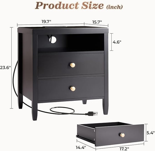 Huuger Nightstand with Charging Station, Black Nightstand with 2 Drawers, Bed Side Table for Bedroom, Bedside Table with Storage, Modern Nightstands, Metal Knobs, Painted Surface