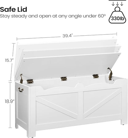 39.4" Storage Chest, Extra Large Storage Trunk with 2 Safety Hinges, Wooden Box Bench, Lift-Top Organizer Chest, Shoe Bench for Entryway, Bedroom, Living Room, White SB04503X