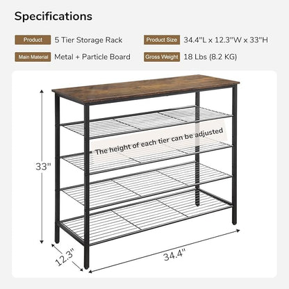 5-Tier Shoe Rack Organizer, Metal Mesh Shoe Storage Shelf, for Entryway, Hallway, Closet, Dorm Room, Industrial, Rustic Brown