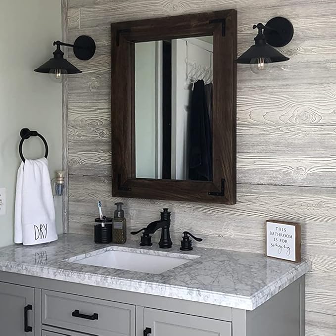 YOSHOOT Rustic Wooden Framed Wall Mirror, Natural Wood Bathroom Vanity Mirror for Farmhouse Decor, Vertical or Horizontal Hanging, 32" x 24",Black