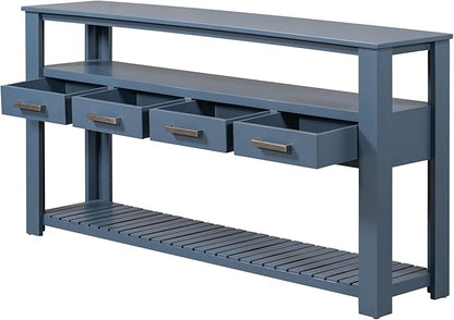 Ball & Cast 62.2“ Contemporary 4 Drawers Console Table, Long Entryway-Table with Drawer & 3 Tier Shelves, FarmhouseWood Storage Sofa Couch-Tables for Entrance Hallway Living, Blue