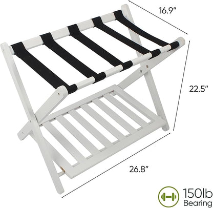 Fully Assembled White Bamboo Luggage Rack, 5 Straps Folding Suitcase Stand with Shoe Shelf, Heavy Duty Wood Large Luggage Holders for Guest Room, Bedroom, Hotel