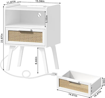 Lerliuo Rattan Nightstand with Charging Station, White Bedside Table with Drawer Open Shelf, Cane Accent Side End Table with Solid Wood Legs, Night Stand for Bedroom, Dorm and Small Spaces