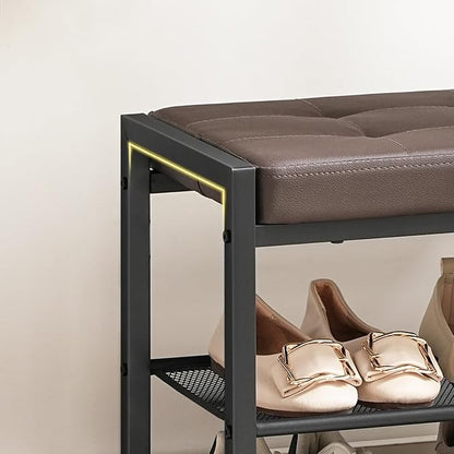 HOOBRO Small Shoe Bench, 3-Tier Shoe Rack, Shoe Storage Bench with PU Seat Cushion, Entryway Shoe Rack Bench with Metal Mesh Shelves, Freestanding Shoe Organizer for Hallway, Brown CB33HX01