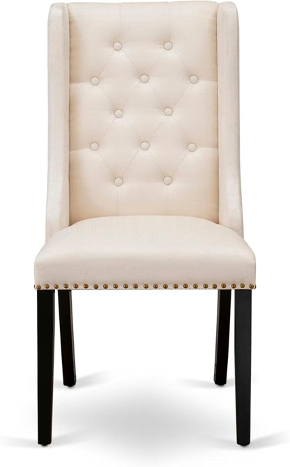 NKFO7-SBB-01-7-Piece Dining Set Consists of a Dining Table and 6 Cream Linen Fabric Kitchen Chairs & Black Legs with Button Tufted Back - Sand Blasting Black Finish.
