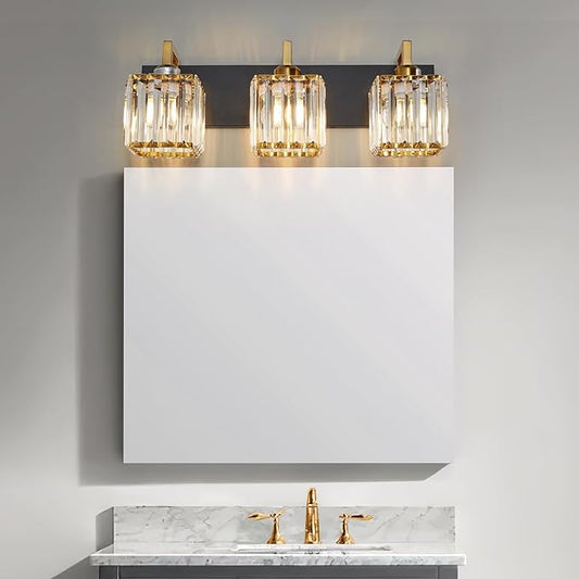 Modern Bathroom Vanity Light 3-Lights Black Gold Crystal Wall Lamp Bathroom Modern Crystal Vanity Lighting