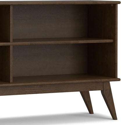 SIMPLIHOME Draper Bookcase - 30 inch Tall Solid Hardwood Low Bookshelf in Walnut Brown, Mid-Century Modern Storage for Living Room, Study Room or Office with Tapered Legs and Wide Open Shelves