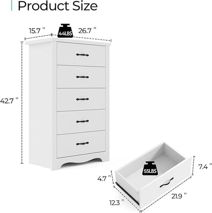 LINSY HOME White 5-Drawer Dresser - Modern Bedroom Chest with Wide Drawers, Wood Storage Organizer for Bedroom or Living Room