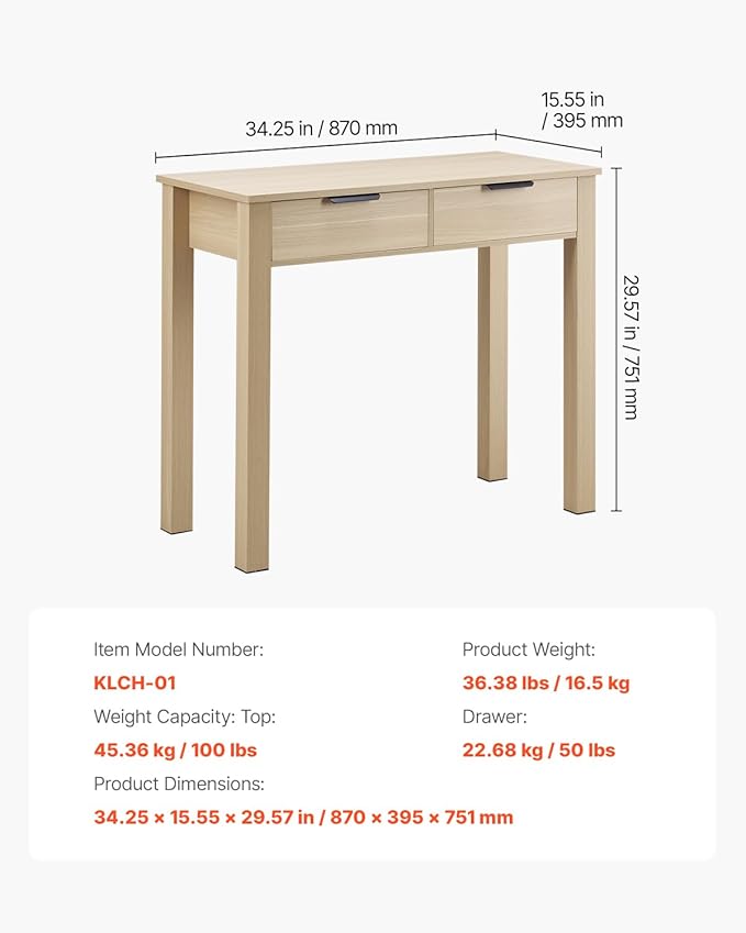 VEVOR Small Desk with Drawers, Wooden Table for Home Office, Small Computer Desk with Storage, Vanity Desk with Drawers, Study Table for Adults/Students for Drawing, Reading, Writing, Light Wood