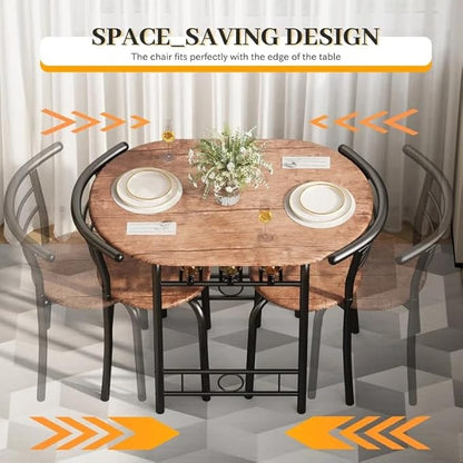 Shahoo 3-Piece Wooden Dining Table Set, Kitchen Breakfast Nook Sets with 2 Chairs & Round Tabletop, Space Saving Furniture Metal Frame and Built-in Wine Rack, Brown