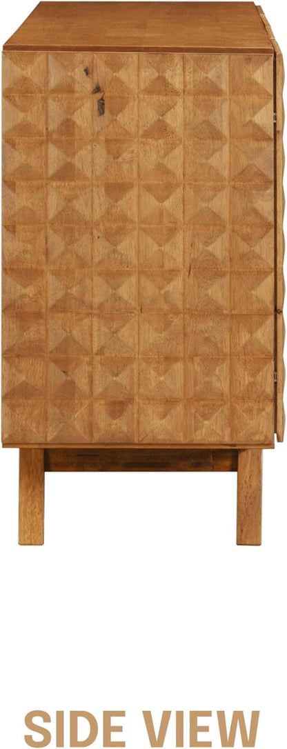 NTC Sapa Mid-Century Modern Solid Wood Sideboard – 4-Door Accent Buffet Cabinet with Carved Geometric Fronts, for Living Room, Dining Room, or Entryway, Effortless Assembly, Teak Look