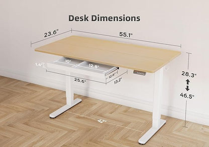 YDN Standing Desk with Drawers, Height Adjustable Desk 55 x 24 Inch, Electric Sit Stand Home Office, Natural