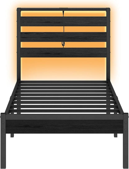 14 Inch Classic Metal Platform Bed Frame-Twin Bed Frame with Headboard,Steel Slats Support-LED Bed Frame with USB Charging Station,Under Bed Storage,No Box Spring Needed,Noise Free