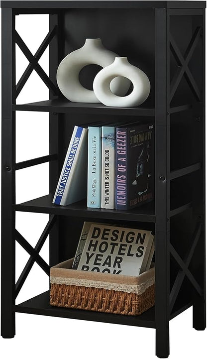Small Bookshelf,4 Tier Industrial Bookcase with Metal Frame and Backboard,Narrow Black Book Shelf,Office Book case for Small Spaces,Living Room,Bedroom and Home Office