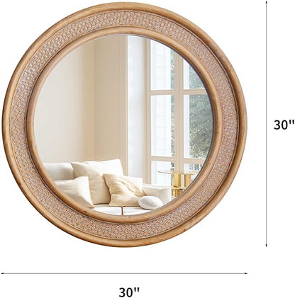 Micasso Round Rattan Wall Mirror: 30" Purely Handmade Wooden Frame Wicker Mirror - Rustic Shabby Chic Boho Bamboo Mirrors for Farmhouse/Bathroom/Bedroom/Living Room/Entryway/Home Decor