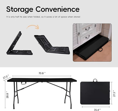 Folding Table 6FT HDPE 6 Foot Foldable Table Portable Banquet Surface Fold-in-Half Desk Utility for Working Meeting Parties, Picnic, Camping, Weddings, Catering, Garden Dining-Black