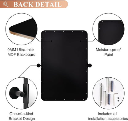 MOON MIRROR 24"x36" Matte Black Pivot Mirror for Bathroom, Metal Frame Bathroom Mirrors for Wall，Rectangle Titling Vanity Wall Mirror with Rounded Corner Hangs Vertical(Overall 27.75" x 36")