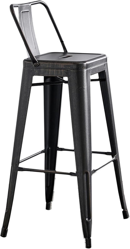 AC Pacific 30” Metal Barstool Set of 4 – Country Rustic Style with Low Back, Lightweight & Sturdy Build, Easy Assembly – Distressed Black
