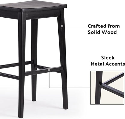 Plank+Beam Smythe Bar Stool, 30", Set of 2, Sturdy Wood Modern Kitchen Bar Height Stool, Saddle Seat Backless Counter Chair, Metal Footrest, Black