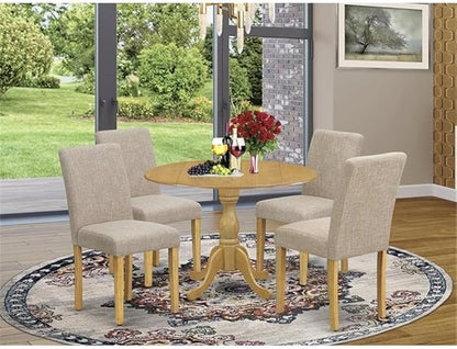 East West Furniture DMAB5-OAK-04 5 Piece Dining Set Includes a Round Dining Room Table with Dropleaf and 4 Light Tan Linen Fabric Upholstered Parson Chairs, 42x42 Inch, Oak
