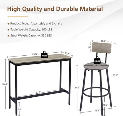Tatub Bar Table with Stools Set of 2, Industrial 3 Piece Counter Height Small Dining Sofa Table and Chairs Set of 2, Gray
