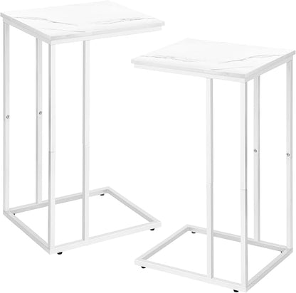 C Shaped End Table Set of 2 for Sofa and Bed, Slide Under Couch Tables, Side Table With Faux Marble Top, Small Under Table Tray for Living Room, Bedroom, White