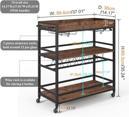 BON AUGURE Bar Cart for The Home, Rolling Home Bar Serving Cart on Wheels, 3 Tier Liquor Beverage Carts with Wine Rack and Glass Holder (Rustic Oak)
