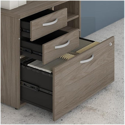 Bush Business Furniture Studio C Office Storage Cabinet with Drawers and Shelves in Modern Hickory, Organization for Home or Professional Workspace