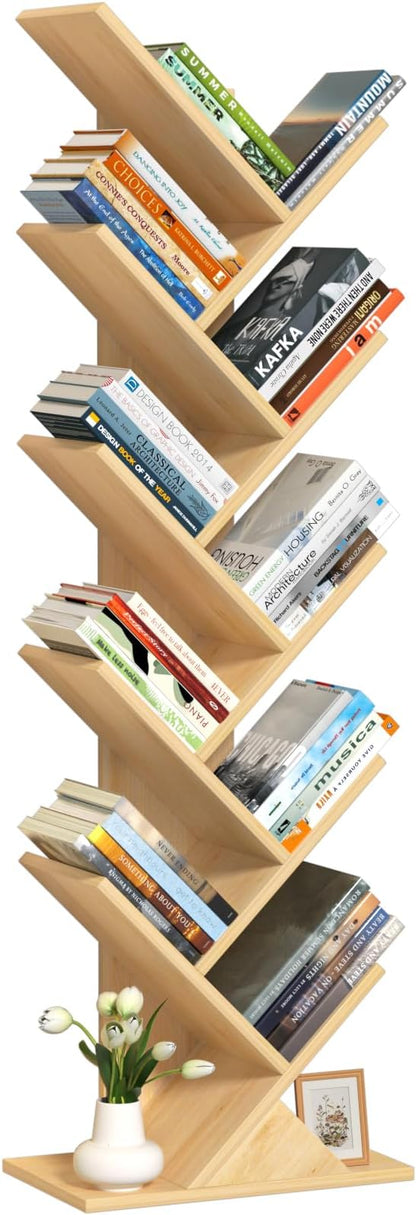 10 Tier Tree Book Shelf, Floor Standing Wood Bookshelf for Narrow Space, Storage Organizer Bookshelves for Books/CDs/Magazine, Bookcase with Shelves for Home Office, Living Room - Natural