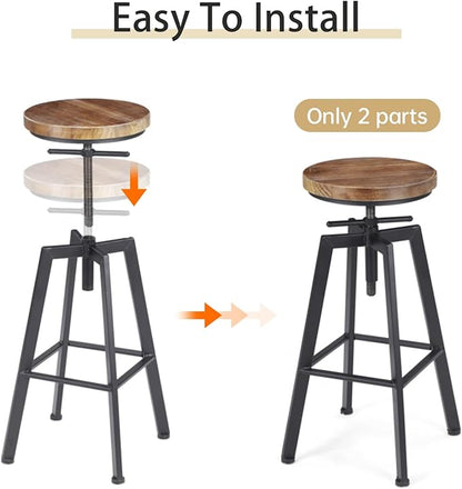 Vintage Adjustable Bar Stools Set of 2, Height Ranges from 24.8 to 30.8 inch, Natural Wood Seat and Heavy Metal Frame Rustic Industrial Swivel Bar Stools