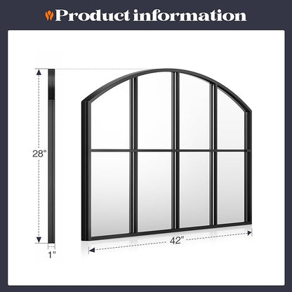 Wide Window Pane Mirror, 42" x 28" Black Arched Mirrors for Wall, Grid Wall Mirror Decorative Large Mirrors for Living Room Bedroom Farmhouse Fireplace Hallway Entryway