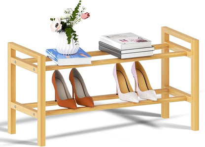 Haddockway Bamboo Shoe Rack for Closet, Free Standing Shoe Organizer with Smooth Round Rods & Convenient Handles, Stackable Shoe Storage Shelf for Entryway, Hallway(Natural, 2-Tier(Small))