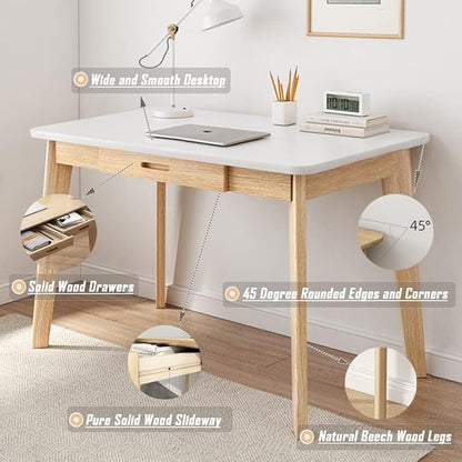 IOTXY Solid Wood Writing Desk - Home Office Workbench Desk with Drawer, 31.5" Width Laptop Computer Work Study Table in White