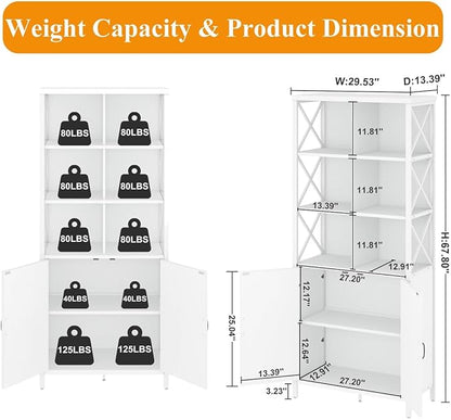 FATORRI Tall Bookshelf and Bookcase, Industrial Bookshelf with Doors, Bookcase with Storage, Cube Storage Organizer Bookshelves, Wood Book Shelf for Living Room, Home Office (White Oak, 67 Inch)