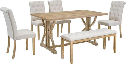 SogesPower 6-Piece Dining Table Set, Rectangular Farmhouse Kitchen Dining Table Set with 4 Upholstered Chairs & 1 Bench, Retro Kitchen Table Set for 4-6 for Dining Room Living Room,Natural Wood Wash