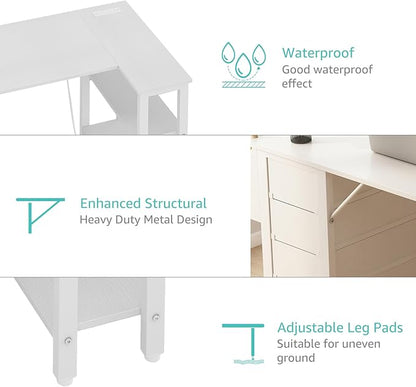 Lufeiya White L Shaped Computer Desk with Drawers & Storage Shelves, 47 Inch Corner Reversible Desk with Power Outlet for Home Office Bedroom, L-Shaped Teen PC Desks with Fabric Drawer, White