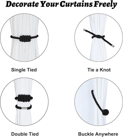 BEL AVENIR Magnetic Cotton Curtain Tiebacks, Decorative Drapery Holdbacks Modern Woven Tie-Backs with Exquisite Knot (Black Cotton, 4 Pack)