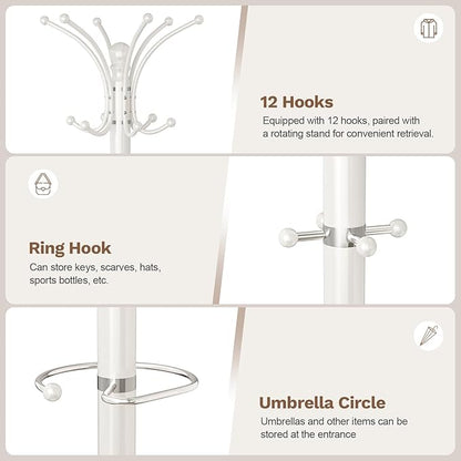 Coat Rack Freestanding with Marble Base, Heavy Duty Clothes Tree with Hooks and Umbrella Storage, Metal Hall Holder for Hanging Jacket, Hats, Scarf, Bag, Suitable for Entryway,Bedroom