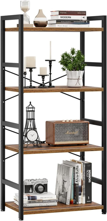 NUMENN 4 Tier Small Bookshelf, Industrial Bookcase Shelf Storage Organizer, Modern Book Shelf for Bedroom, Living Room and Home Office, Vintage