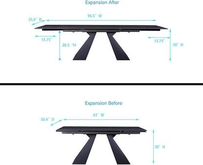 Extendable Dining Table for 8-12 Seat, Flexible Stretch, Tabletop Made from Rock Plate and Tempered Glass, Solid Carbon Steel Base, 35.4" D x 94.5" W x 30" H, Dark Grey