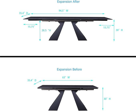 Extendable Dining Table for 8-12 Seat, Flexible Stretch, Tabletop Made from Rock Plate and Tempered Glass, Solid Carbon Steel Base, 35.4" D x 94.5" W x 30" H, Dark Grey