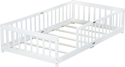Bellemave Twin Floor Bed with Slats and Safety Guardrails, Kids Montessori Floor Beds with Fence and Without Door, Easy Assemble Floor Bed for Kids, Girls, Boys, White