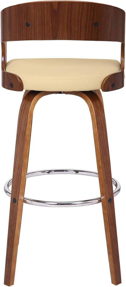 Armen Living Shelly 30" Bar Height Swivel Cream Faux Leather and Walnut Wood Bar Stool - Set of 2