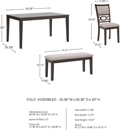 Signature Design by Ashley Langwest Transitional Diamond Patterned Dining Table with 4 Upholstered Chairs and Bench, Set of 6, Dark Brown & Beige