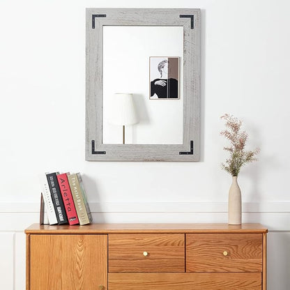 YOSHOOT Rustic Wooden Framed Wall Mirror, Natural Wood Bathroom Vanity Mirror for Farmhouse Decor, Vertical or Horizontal Hanging, 32" x 24",White Grey