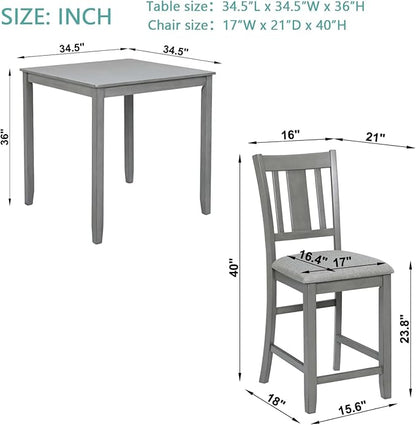 Dining Table Set for 4, Modern 5 Piece Dining Room Table Set with Square Table & 4 Slatted Backrest Upholstered Chairs, Counter Height Kitchen Chairs Set for Small Space, Gray