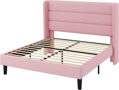 Allewie Full Size Platform Bed Frame with Velvet Upholstered Wingback Headboard, No Box Spring Needed, Under Bed Storage Space, Strong Wooden Slats, Modern Mattress Foundation, Easy Assembly, Pink