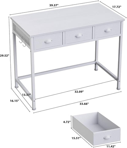 Furologee White Small Computer Desk with 3 Fabric Drawers,40 Inch Simple Table Home Office Writing,Vanity Desk with Hooks, Study Desk for Bedroom Small Spaces