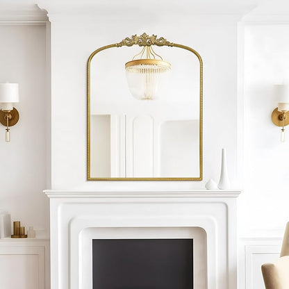WallBeyond Gold Vintage Mirror for Vanity 28x36 Inch, Gold Antique Mirror with Ornate Frame, Arched Vintage Wall Mirror for Bathroom, Living Room, Fireplace, Entryway