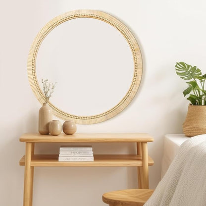 ULIKE Round Rattan Mirror, Bathroom 30 Inch Rustic Farmhouse Wall Decor with Handmade Wicker Frame, Boho Mirror for Nursery Bedroom Living Room Entryway